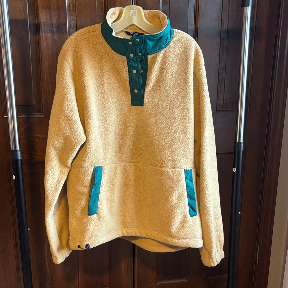 Cozy Tan Fleece Pullover with Teal Details